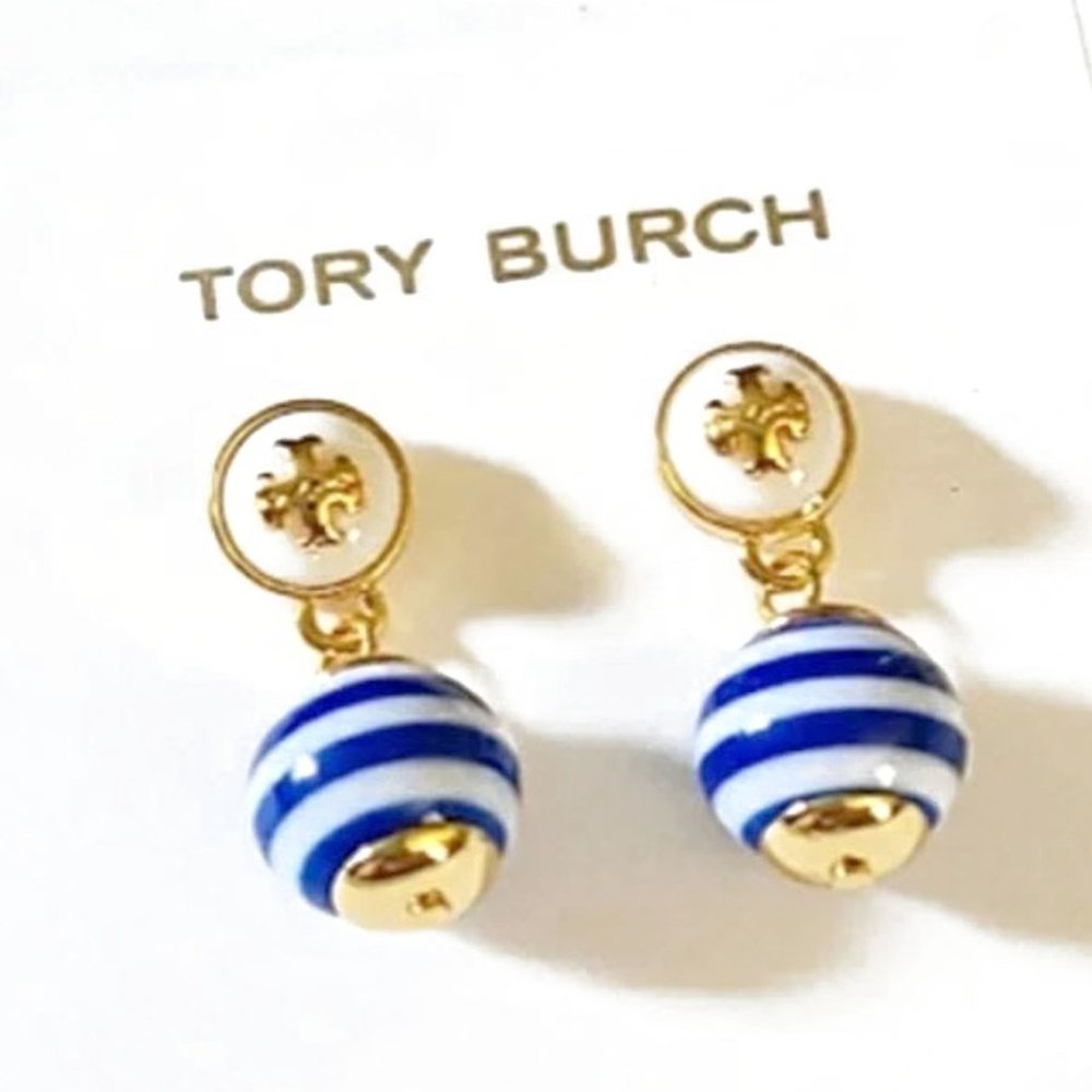 Tory Burch Blue & White Striped Saher Drop Earrings - Picture 5 of 7